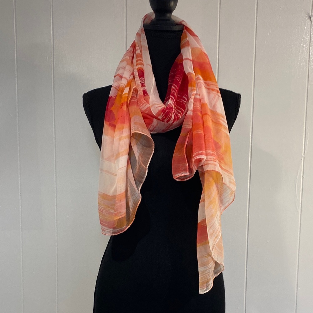 Oversized Sheer Watercolor Stripe Scarf Wrap Shawl Red Orange Pink Sunset 60”x33
